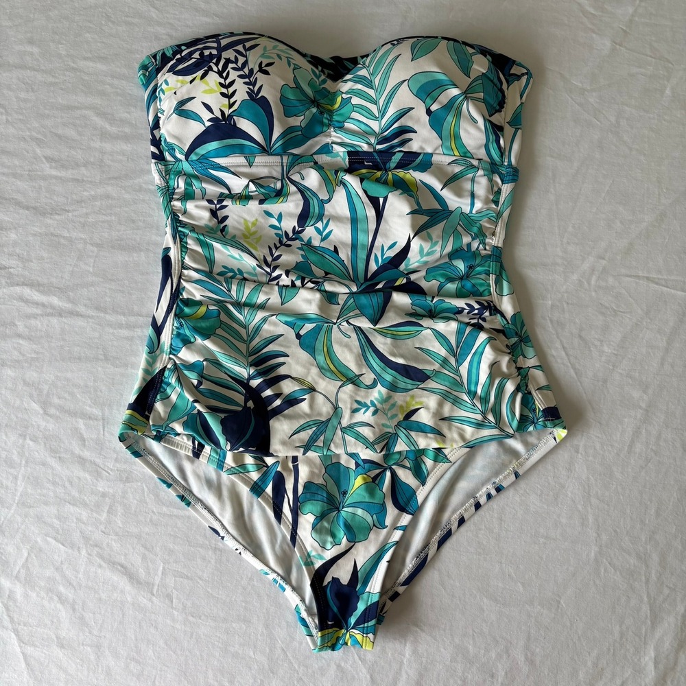 Tommy Bahama Womens Floral Bandeau One Piece Swimsuit Blue Green Ruched‎ Size 10